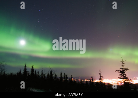 Aktiv-Duo Farbe Northern Lights und hellen Vollmond über Alaska Fairbanks Stockfoto