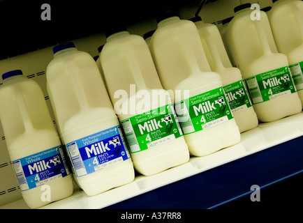 Kunststoff Kartons mit Milch am Supermarktregal Wales UK Stockfoto