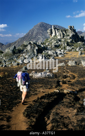 Weibliche Wanderer zu Fuß auf einem Wanderweg in den Chimanimani Bergen des östlichen Simbabwe Afrika Stockfoto
