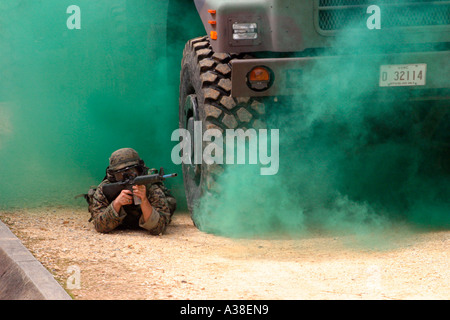 Ein US-Marine verwendet die Abdeckung eines LKW und grünen Rauch, wie er Sicherheit bei seinen Kollegen Marines Abgang im Hinterhalt bietet Stockfoto