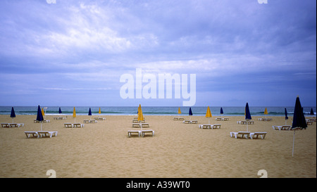 Leerer Strand mit Sonnenschirmen und Liegestühlen an der Algarve an der südlichen Küste von Portugal Stockfoto