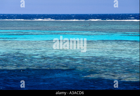 Fischer in Holzboot auf Panorama Reef (Abu Alama), Rotes Meer, Ägypten Stockfoto