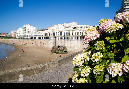 Frankreich Aquitaine Pyrenäen Atlantique Biarritz Grande Plage Strand im baskischen Badeort an der Atlantikküste mit Casino rechts Stockfoto