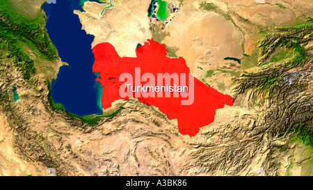 Satellitenbild von Turkmenistan rot hervorgehoben Stockfoto