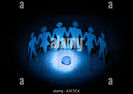 Finanzielle Zeiten Männer und Frauen Papierschnitt Outs in blau Stockfoto