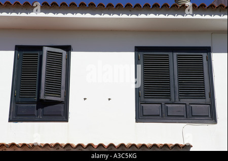 Schwarz bemalte Auslöser Sonnenstoren auf Windows weiß gewaschene Hauses in Tacoronte Teneriffa-Kanarische Inseln-Spanien Stockfoto