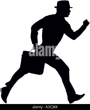 Silhouette eines Handlungsreisenden in Business-Anzug und ein Fedora läuft mit einer Aktentasche Stockfoto