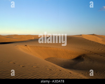 GEWELLT Sanddünen mit Fußspuren gegen blauen Himmel im Abendlicht. Maspalomas Gran Canaria Spanien Stockfoto