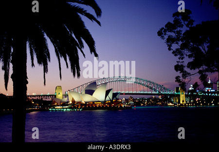 Sydney Opera House und Harbour Bridge beleuchtet in der Abenddämmerung, gesehen durch Silhouette Palmen, Australien Stockfoto