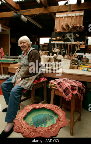 Neuseeland, Wellington. Keramischen Künstler Doreen Blumhardt (90) in ihrem Atelier, Lächeln, mit Töpferei Werkzeuge & Vogelbad Stockfoto