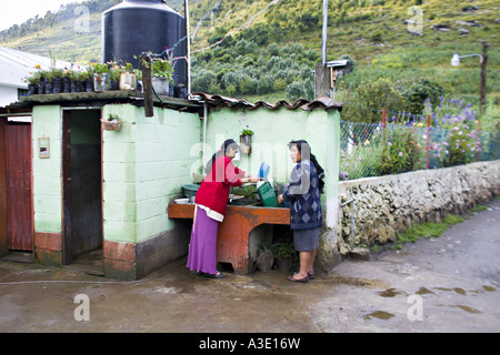 GUATEMALA CAPELLANIA Young indigene Maya Quiche Frau wäscht Gerichte bei einer Outdoor-Waschbecken oder pila Stockfoto