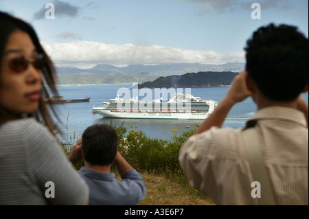 Neuseeland, Wellington. Cruise Liner Sapphire Princess verlassen Hafen, Touristen, die gerade von einem Hügel Stockfoto