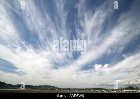 Dramatischer Himmel mit Cirruswolken über Flughafen Wellington, New Zealand Stockfoto