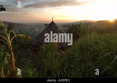 Sonnenaufgang über dem Lehmhütte zwischen Jima und Weka 8 12 04 Süd-Äthiopien Stockfoto