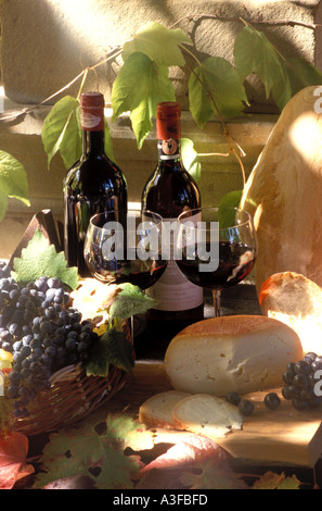 Flaschen und Gläser Chiantiwein mit Trauben, Brot und Käse am Chateau Uzzano in Toskana Italien Stockfoto