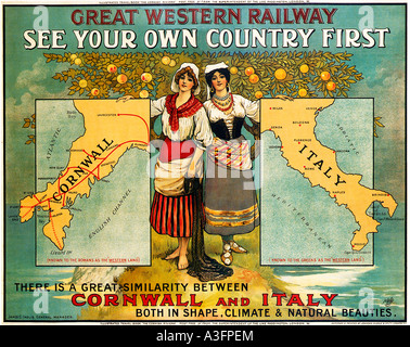 Finden Sie Ihr eigenes Land erste 1907 GWR Plakat für einen Urlaub in Cornwall geschickt die Grafschaft mit Italien stellt Stockfoto