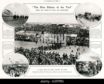 Derby Tag 1906 Zeitschrift Verbreitung von Szenen auf der Straße und auf dem Golfplatz für das klassische Pferderennen in Epsom Stockfoto