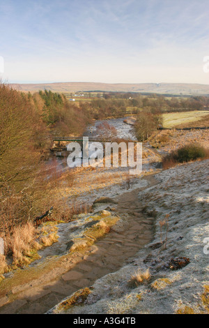 Der Fluss Tees und Holwick Kopf-Brücke von der Pennine Way Wanderweg, obere Teesdale County Durham UK Stockfoto