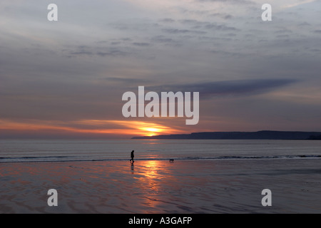 Spaziergang mit dem Hund bei Sonnenaufgang in Scarborough South Bay North Yorkshire England. Sonnenaufgang reflektiert über das Meer und auf den Strand. Filey Brigg in Distanc Stockfoto