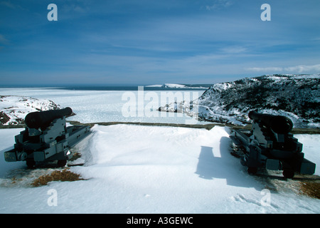 Die Kanonen von Königin Elizabeth Batterie übersehen ein eingefrorenes in Fort Amherst Leuchtturm und St John s Hafen Neufundland Stockfoto