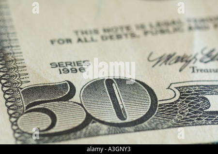 extreme Nahaufnahme der Teil einer 50-Dollar-Rechnung U.S. Stockfoto