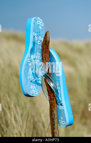 Blaue Flip-Flops ruht auf einem Holzstab unter Sanddünen an einem Sommertag Stockfoto