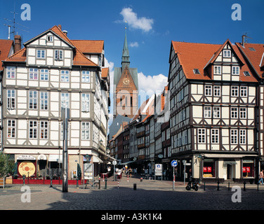 Marktkirche von Hannover Und Fachwerkhaeuser bin Holzmarkt, in der Burgstraße Und in der Kramerstrasse Stockfoto