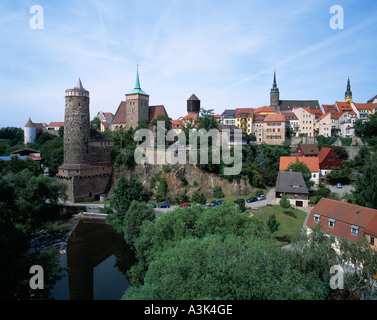 Stadtpanorama von Bautzen in der Oberlausitz, Alte Wasserkunst, Micheliskirche, Dom St. Petri, Rathaus Stockfoto