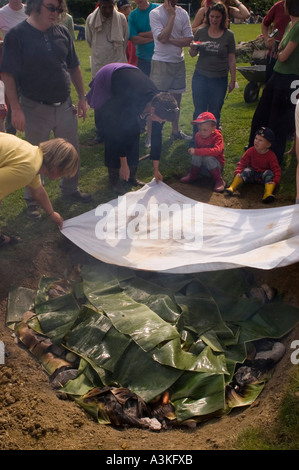 Abdecken der Grube Ofen bei einem Curanto, Kochen in einer Grube Ofen, Gemüse und Fleisch kochen auf heißen Steinen Stockfoto