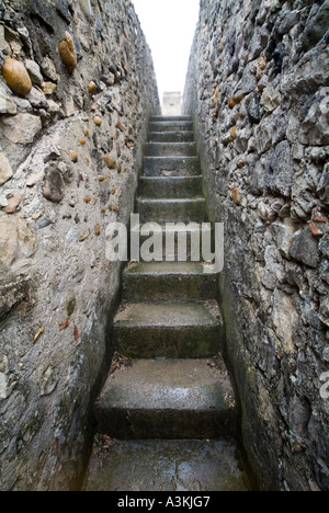 Schmale Stufen zwischen alten Steinmauern im Adhemar Schloss in Montelimar, Drome, Frankreich. Stockfoto