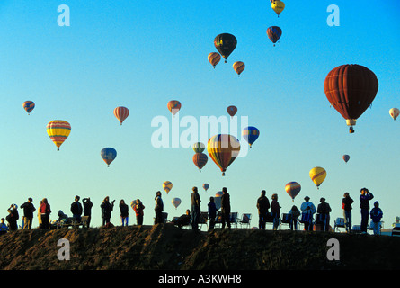 Heißluftballons steigen auf dem Albuquerque Ballonfestival in einen perfekten blauen Himmel Stockfoto