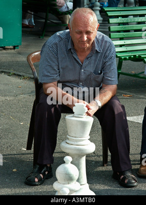 Ein Mann spielt Riesenschach in Promenade des Bastions in Genf Stockfoto