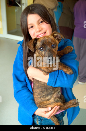 Ein junges Mädchen sammelt neue Staffordshire-Kreuzzüchter aus dem Hundepfund Stockfoto