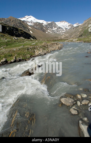 Plimabach Fluss im oberen Martelltal mit dem Cevedale-Gletscher im Hintergrund Stockfoto