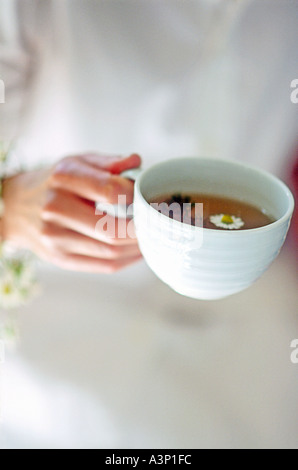 Mädchen Hand hält Weißware Tasse Kamillentee mit Blume im Wasser Stockfoto