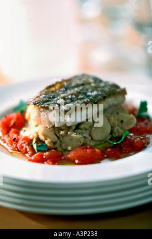 Stück der Pfanne gebratenen Kabeljau auf Bett aus Butter Bohnen und Tomaten mit Koriander auf Stapel Platten Stockfoto