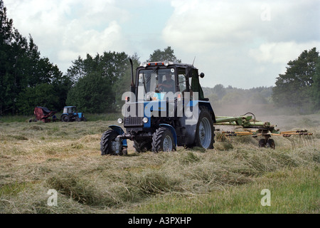 Landwirt in einen Traktor mit angehängten Heuwender auf einem Feld, Dubrowka, Russland Stockfoto
