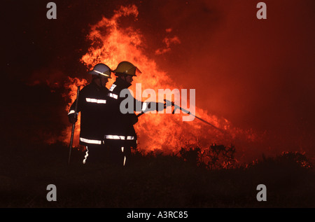 Feuerwehrleute bekämpfen Brandfall Ginster auf Dartmoor UK Stockfoto