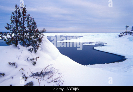 BÄUME KLAMMERN SICH AN KLIPPEN ÜBER LAKE SUPERIOR IM SCHNEE AUF DER KEWEENAW-HALBINSEL IN DER NÄHE VON COPPER HARBOR MICHIGAN Stockfoto