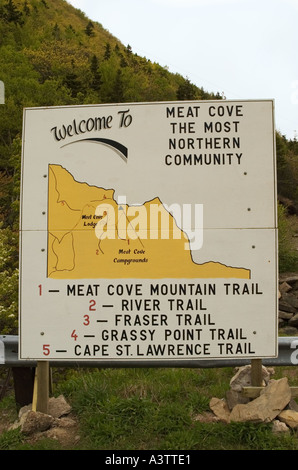 Kanada Nova Scotia Cape Breton Island Fleisch Cove willkommen und Trail unterzeichnen Norden die meisten Siedlung auf Cape Breton Island Stockfoto