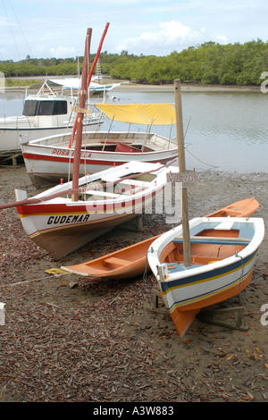 Fischerboote in einer Mangrove Caixa Prego Bahia Brasilien Stockfoto