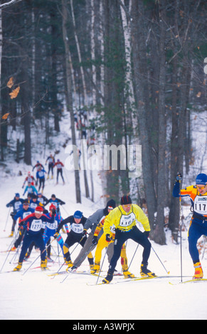 TEILNEHMER IN DER NOQUEMANON CROSS COUNTRY SKIMARATHON ERKLIMMEN EINEN HÜGEL IN DER NÄHE VON ISHPEMING Stockfoto