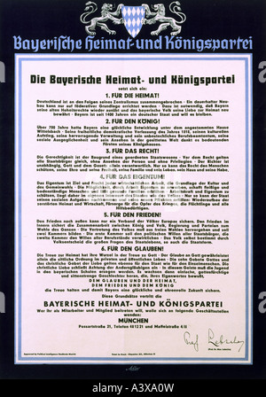 Geografie/Reisen, Deutschland, Politik, Parteien, Bayerische Heimat- und Königspartei, Agenda, Monarchisten, Konservative, Bayern, Nachkriegsära, 20. Jahrhundert, historisch, historisch, vierziger Jahre, Stockfoto