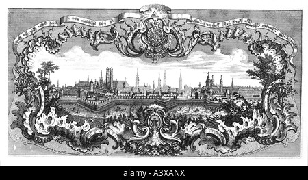 Geografie/Reisen, Deutschland, München, Stadtansichten/Stadtansichten, Gravur von Franz Xaver Jungswirth, 1752, Stockfoto