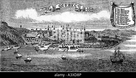 Geographie/Reisen, Kanada, Städte, Quebec City, Ansichten, Mitte des 18. Jahrhunderts, Gravur nach Radierung, 19. Jahrhundert, Fort, Festung, Cap Diamant, Saint Lawrence River, gefunden, 3.7.1608, Stockfoto