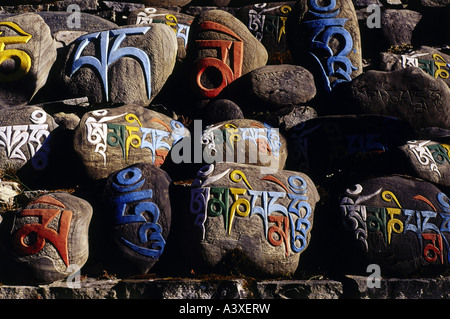 "Geographie / Reisen, Nepal, Religion, Mani-Steinen, alten tibetischen Buchstaben, Mantra"Om Mani Padme Hum", Annapurna Circle, Asien, Bu Stockfoto