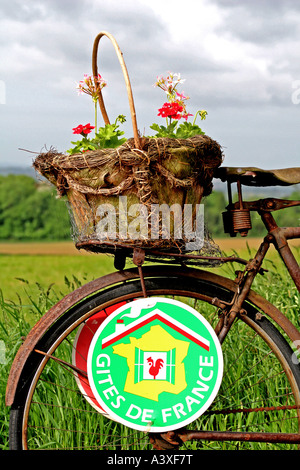 Ein rostiges Fahrrad komplett mit einem Weidenkorb mit Blumen, wird verwendet, um einen ländlichen Ferienhaus in Französisch-Flandern werben Stockfoto