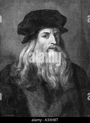 Leonardo da Vinci, 15.4.1452 - 2.5.1519, italienischer Maler und Bildhauer, Stich nach Selbstbildnis, Italien, Renaissance, Kunst, Stockfoto