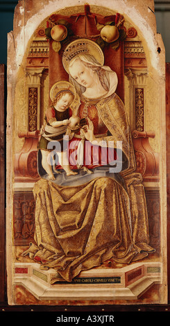 "Fine Arts, Crivelli, Carlo, (ca. 1435 - vor 1500), Malerei,"Madonna mit Kind thront", ca. 1476 Tempera im Bereich" Stockfoto