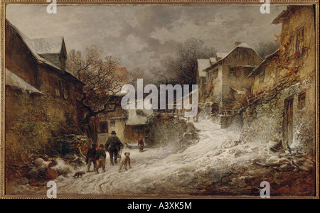 "Bildende Kunst, Burger, Anton (1824-1905), Malerei,"Winterliche Dorfstraße in Kronberg Im Taunus", (" winterlichen Dorfstraße ein Stockfoto